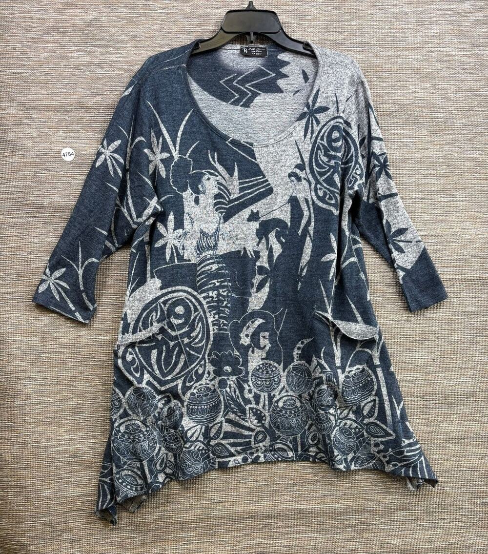 Bella Amore Top Womens Size M/L Blue Knit Floral Scoop Neck Tunic Made In Italy